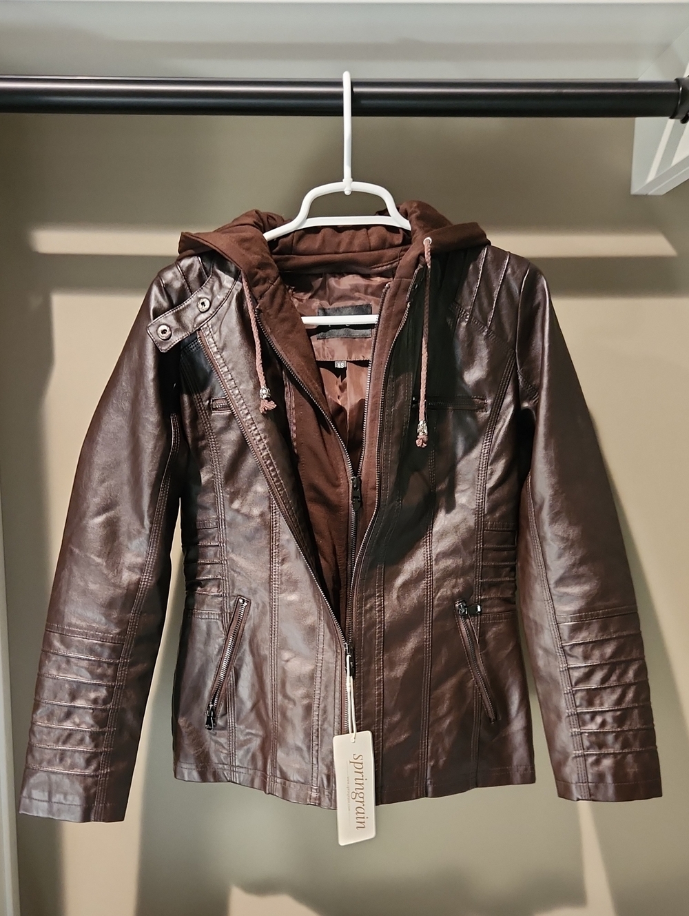 Springrain Brown Faux-Leather Hooded Jacket - Womens Xs